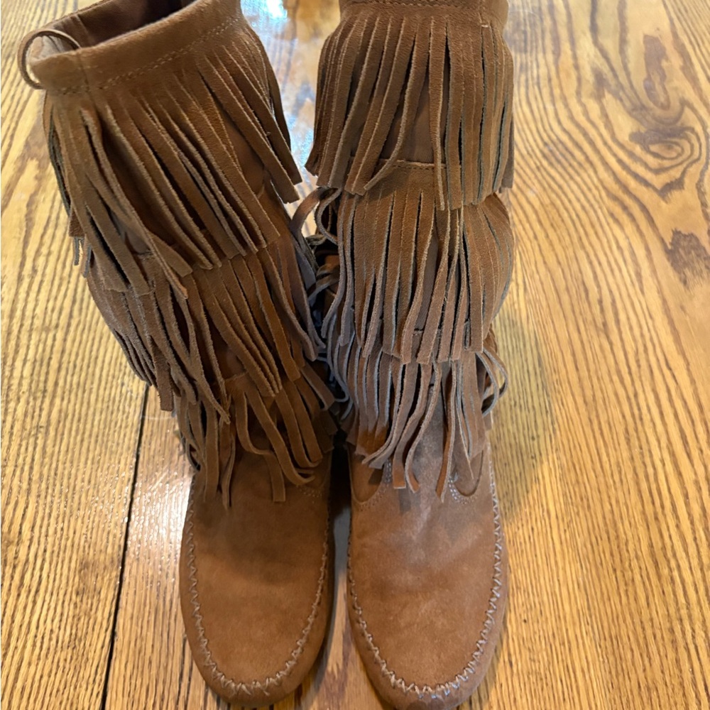 Fringed Brown Suede Moccasin Boots